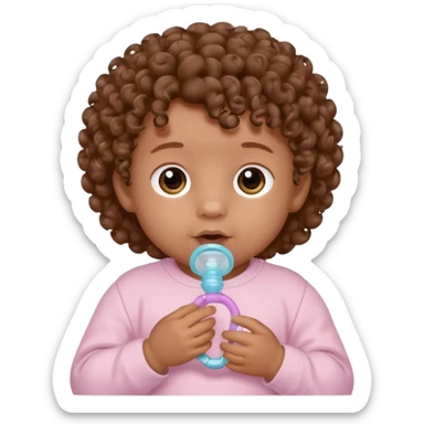 Close-up, newborn baby boy, curly hair, pacifier sticker