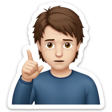 Weak man with disheveled hair pointing to his right sticker