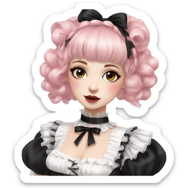 Vestido rosa pastel y negro gothic lolita, cuerpo completo, color de piel morena, pelo largo, pelo de color rojo y negro sticker