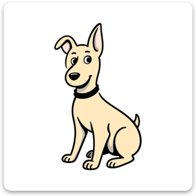 A Doberman dog with pointy ears and sleek body in pastel colors (dd9fb0, ffc6d3, a3bfc9, c4bee2, f1b091), hand-drawn doodle style sticker