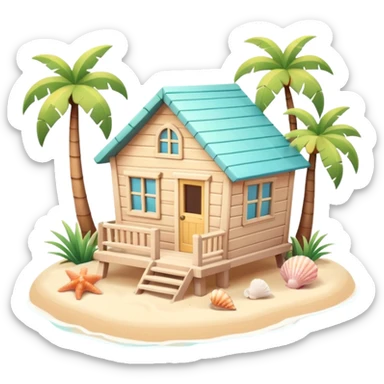 cute beach house, small seaside house, wooden walls, pastel colors, palm trees, seashells, warm sunlight, 3D cartoon, mobile game icon style, soft shadows, clean background, no text, no watermark
 sticker