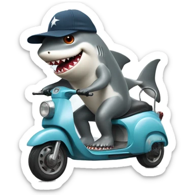 A shark riding a scooter with a backwards hat sticker
