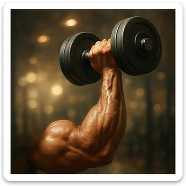 realistic illustration of a well-developed bicep muscle lifting a dumbbell, focus on the arm and contracting bicep, motivational atmosphere sticker