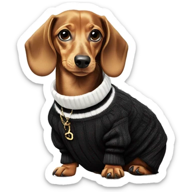 Dachshund wearing black and white Sweater with chanel logo  sticker