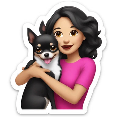 Thick medium black hair and hot pink lips and pink cheek smiling mature Filipino lady hugging black and white Chihuahua  sticker