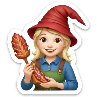 Female Garden gnome holding bacon sticker