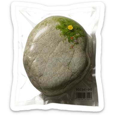 smooth light gray boulder, mostly stone with some green moss and a few tiny multicolored flowers, shiny and inflated sticker