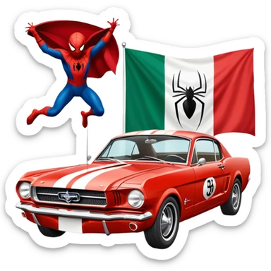 Spider-Man next to a 65 fastback Mustang with the Mexican flag painted on the Mustang sticker