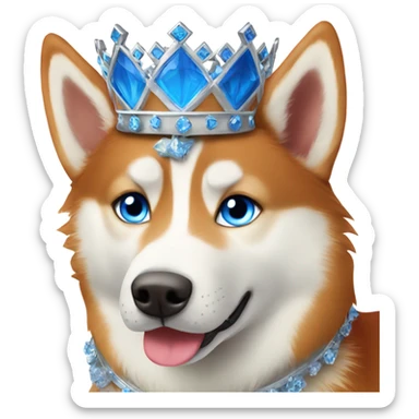 red siberian husky with blue eyes wearing a crown sticker