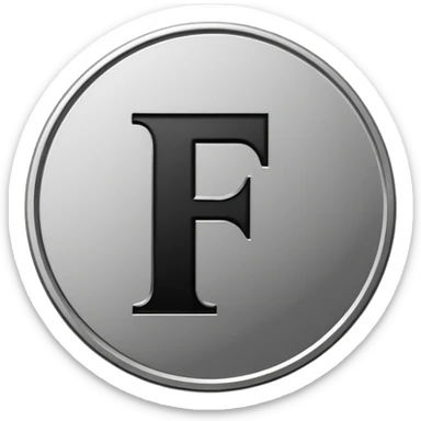 Emoji icon of a metal coin with engraved letter F, minimalist style, isolated, only black color sticker