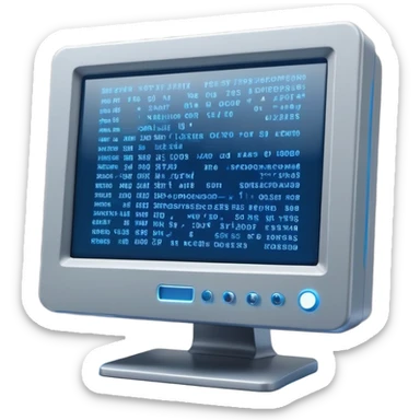 old grey computer monitor with a blue glowy screen, side angle sticker