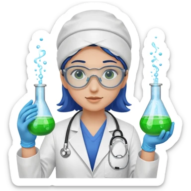 A person wearing safety goggles, a stethoscope, and a white coat. They are wearing blue protective gloves. In their hand, they are holding a test tube containing chemicals. sticker