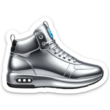 A pair of futuristic sneakers emoji made of silver chrome, sleek streetwear design, smooth metallic panels, subtle reflections, luxury swag aesthetic, iOS emoji style, centered, clean white background sticker