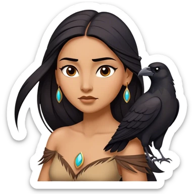 Cinematic Stunning Pocahontas Portrait Emoji, Windswept raven hair flowing behind her, deep brown eyes filled with wisdom and strength, glowing sun-kissed skin, wearing her elegant tan dress, the spirit of the wild in her expression, breathtakingly majestic! sticker