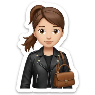 A girl with a pony tail brown hair and white ish skin with a black jacket and a brown purse  sticker