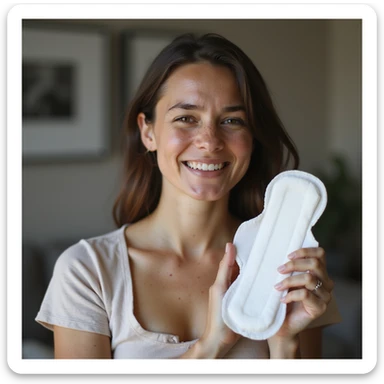 young woman with PCOS, face with mild acne and fine hair, holding a new sanitary pad and smiling with relief, realistic home environment, vertical 9:16, hyperrealistic 4K details sticker