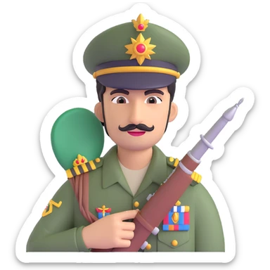 Pakistani soldier wearing a king's hat holding an Indian jet, detailed, expressive sticker