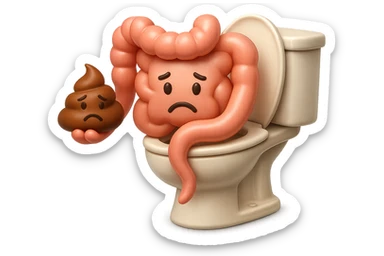 emoji stile iphone di un intestino realistico 3d che esce dal wc con in mano una montagnetta di feci con espressione triste a palline, iperrealistico 4k sticker