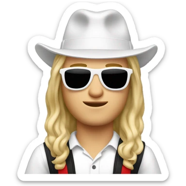 White man with long blonde hair wearing a white hat and black sunglasses on his face. He’s wearing a white shirt with black suspenders and red pants sticker