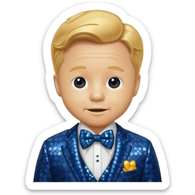 Mickey Rooney with golden blonde hair, dark blue sequin suit with bow tie sticker