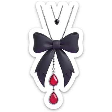 3D emoji gothic bow, midnight black leather, silver chain fringe, and a single blood red teardrop gem sticker