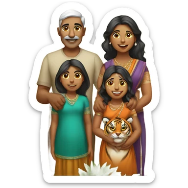 Indian uncle and Indian aunty with their two daughters and tiger cub sticker