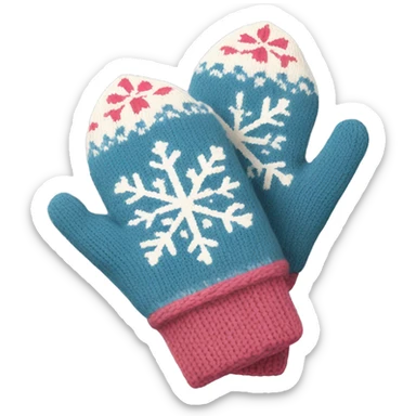 A pair of cozy knitted mittens with a snowflake design sticker