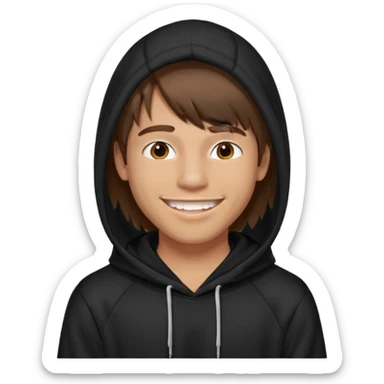 20 yr old man, brown hair, straight, big smile, white teeth, tanned skin, bangs, black hooded sweatshirt, long hair in back, center-parted bangs sticker