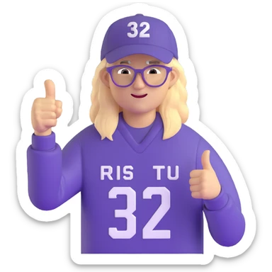 Man with black and white cap, purple sports jersey with number 32, clear glasses, messy light blond mullet hairstyle, thumbs up, content expression sticker