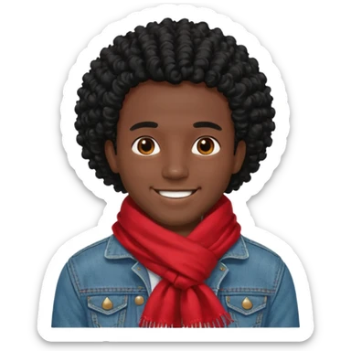 black skin man, curly black hair wear big red scraft, jean jacket sticker