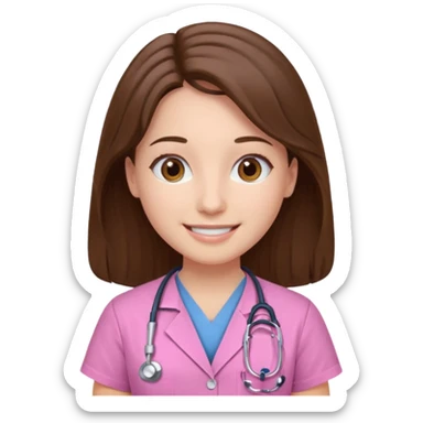 doctor, pink, she, hair brown, eyes brown, scrub baby pink, white skin, long hair, smile  sticker