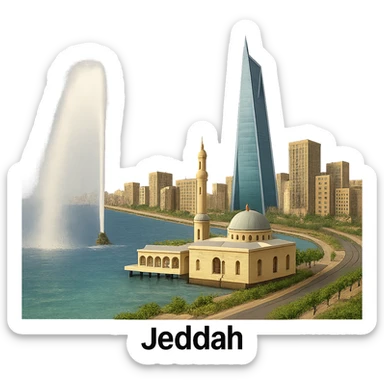 cinematic realistic emoji of Jeddah, wide city view with iconic landmarks King Fahd Fountain, Jeddah Tower, Corniche Mosque, lifelike detail, accurate colors, bright daytime lighting, fully transparent background, no sky, no clouds sticker