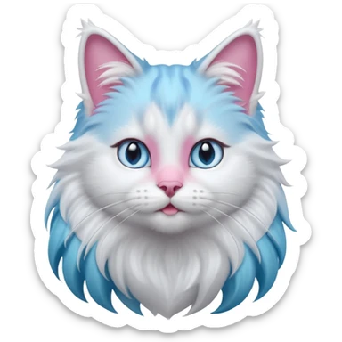 A cute fluffy long-haired cat face emoji, grey and white bicolor fur, thick white mane around the neck, stunning icy blue eyes, pink nose, long whiskers, looking up slightly, soft lighting, 3D Apple style emoji, high detail. sticker