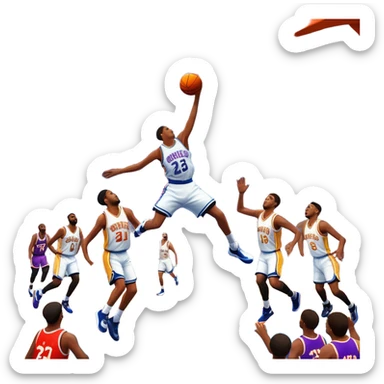 An icon showing a basketball court with players in action, inspired by NBA 2K25. A player jumps for a dunk, the ball mid-air, surrounded by a vibrant basketball arena with cheering fans and bright lights. Transparent background emphasizes the intense atmosphere sticker