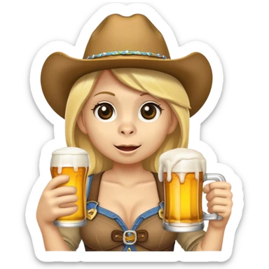 monkey holding a beer standing next to a blonde girl in cowgirl hat sticker