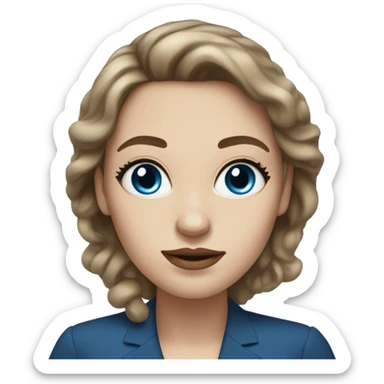 woman with white skin, brown very long hair, blue eyes, ful lips, square face and big lashes. formal dressed sticker