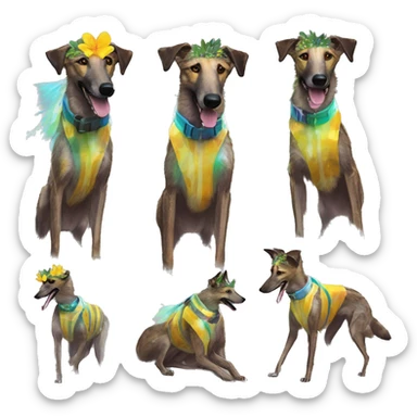  brindle brown black maroon striped lurcher Alsatian fox running blue eyes and iridescent holographic oilslick harness wearing paper iridescent tropical flower crown yellow caution tape sticker