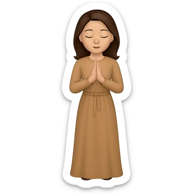 Create another variation of a woman standing and praying from the front view, wearing a long tan dress, with dark brown hair, matching the body figure of the reference image. The style should emulate emoji style. Remove the background. sticker