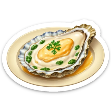 steaming oyster on a platter covered with melted cheese sticker