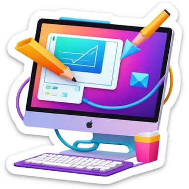 a vibrant and modern icon representing Animation and Motion Design, featuring elements like a computer screen and stilus, dynamic motion lines, and visuals of the process of creating animated films and GIF animations. The design colorful, and dynamic, without any emojis. The background transparent sticker