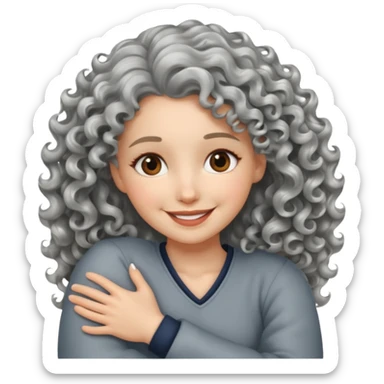 silver, wavy/curly hair smiling lady giving hug sticker