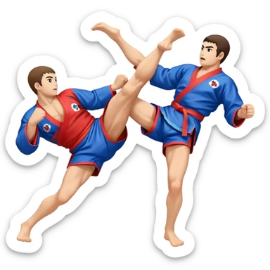 An icon symbolizing Sambo, featuring two fighters in blue and red kimonos with shorts and wrestling shoes. One executes a powerful throw, while the other attempts a defensive grab. The fighters are engaged in a grapple, using joint locks and sweeps.  sticker