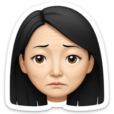 50 yr old asian woman, straight thick long black hair, big black, side part, tired sticker