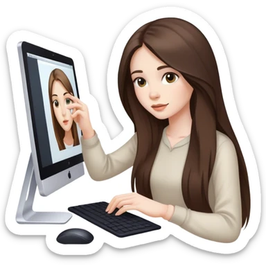 beautiful pale brunette girl with long hair editing photos on her computer  sticker