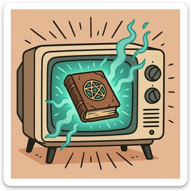 oldschool TV showing a glowing ancient spell book, magical energy bursting from the screen, cartoon style sticker