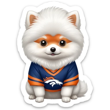 Tiny white Pomeranian wearing a Denver Broncos sweater sticker