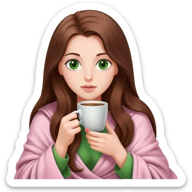 woman with very long brown hair and green eyes in a light pink blanket sipping coffee sticker