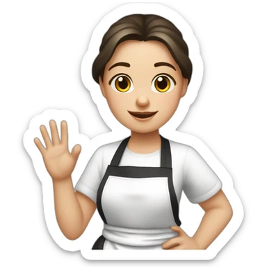 Slavic girl in a white T-shirt and a completely black apron waves hello with her right hand sticker