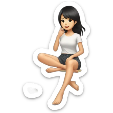 Black haired Asian girl sitting with legs crossed in mirror selfie sticker