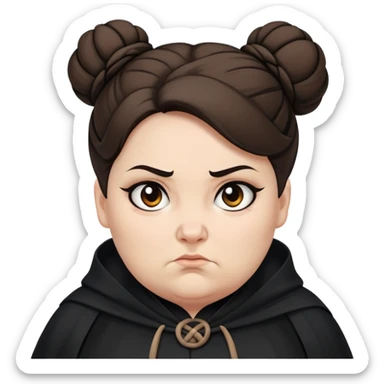 Alecto Carrow in harry potter, a white fat woman , brown one knot bun hair, look evil, black cloak sticker